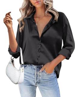 Zeagoo Damen Elegantes Satin Hemd Basic Seiden Bluse Mit V-Ausschnitt Lässiges Langarmshirt Für Den Herbst Business Tunika Schwarz M von Zeagoo