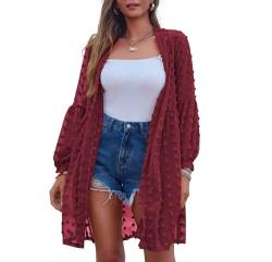 Zeagoo Strandkleid Damen Pareos Sommerkleid Bikini Cover Up Strandponcho Sommer Luftig Strandbluse Blusenkleid Knielang Elegant Strandtuch Kimono Langarm Cardigan Bademode Vertuschen Shirt Rot XL von Zeagoo