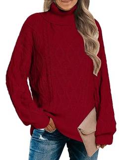 Zeagoo Rollkragenpullover Damen Rot Strickpulli Elegante Strickpullover Langarm winter Sweatshirt Lässiges Stehkragen Pulli Rot XL von Zeagoo