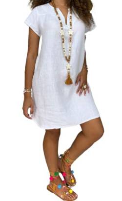 Zeagoo Sommerkleid Damen Kleider Casual V-Ausschnitt Midikleid Strandkleid mit Taschen A-Linie Kleid Freizeitkleid für Damen Weiß S von Zeagoo