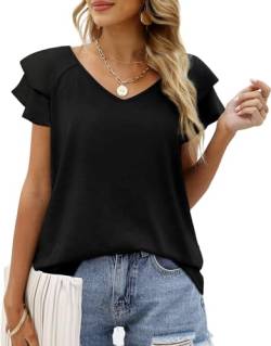 Zetieny Damen Bluse Kurzarm Sommer Oberteil V-Ausschnitt Casual Leicht T-Shirt Basic Tunika Tops Elegant Freizeit Sommerblusen Blusenshirt für Frauen von Zetieny