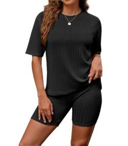 Zetieny Damen Zweiteiler Sommer Schlafanzug Damen Kurz Casual Pyjamas Set Hausanzug Rippen Urlaub Trainingsanzüge 2 Teiler Set Leicht Einfarbig Loungewear von Zetieny