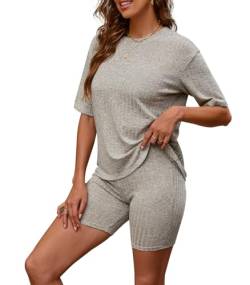 Zetieny Zweiteiler Damen Sommer Trainingsanzüge 2 Teiler Set Bluse Top + Shorts Outfits Schlafanzüge Gerippte Leicht Einfarbig Loungewear von Zetieny