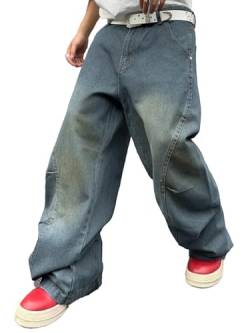 Zewool Herren Baggy Jeans mit unregelmäßigen Nähten lässige Mode Y2K Hip Hop Wide Leg Denim-Hosen Streetwear lockere Passform gerade Beinform entspannter Schnitt Skater Skateboard,C Retro-Blau,L von Zewool