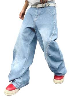 Zewool Herren Baggy Jeans mit unregelmäßigen Nähten lässige Mode Y2K Hip Hop Wide Leg Denim-Hosen Streetwear lockere Passform gerade Beinform entspannter Schnitt Skater Skateboard,D Hellblau,M von Zewool