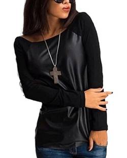 Damen Langarmshirt PU-Leder Langarm Pullover Bluse Oberteile Tops T-Shirt Noir S von ZhuiKun