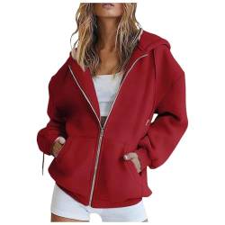 ZhungZaoh Hoodie Damen Sweatjacke 2024 Kapuzenpullover Herbst Winter Sweatshirt Oversize Pullover Zipper Lang Mantel Kapuzenjacke mit Kapuze Reißverschluss (Red, L) von ZhungZaoh