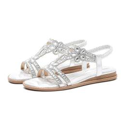 Zihozan Sandalen Damen Sommer Elegant Flache Strass Bohemia T-Riemen Frauen Sandalen Weichen Sohlen Sommerschuhe Glitzer Flip Flops Gummiband Slingback Sandalen Mädchen Strandschuhe von Zihozan