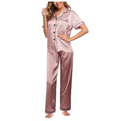 Zilosconcy Damen Schlafanzug Pyjama Satin Kurz Nachtwäsche Set Klassische Loungewear Silk Kurzarm Button-Down Nachtwäsche Hosen Nachtkleid Lingerie Lounge-Mode von Zilosconcy