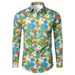 Zofedap Floral Hemd Herren Langarm Slim Fit Bügelfrei Bunt Stehkragen Hemden Lustige Blumenmuster Langarmhemd Langarmshirt von Zofedap