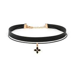 Zolkamery Damen Schwarz Choker Halsband - Gold-Ton Klee Leder Halsreif Halskette mit Schwarz Kristall Anhänger - Verstellbar 30 + 14cm Vintage Kette Allergiefrei Schmuck für Frauen Mädchen von Zolkamery