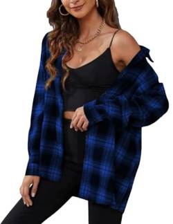 Zontroldy Karierte Flanellhemden für Damen, übergroß, langärmelig, Knopfleiste, Büffelkariert, Bluse, Tops, schwarz blau, Groß von Zontroldy