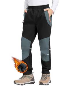 Zoofly Kinder Softshellhose Schneehose Warm Outdoorhose Wanderhose Kinder Skihose Thermohose Jungen Mädchen Gefüttert Trekkinghose Outdoor Hose, Schwarz/Grau 164-170 von Zoofly