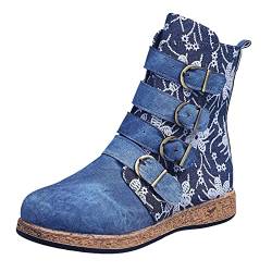 Cowboy Stiefeletten Damen mit Absatz Mode Bedruckte mit Schnalle Western Stiefeletten Damen Winterstiefel Damen Gefüttert Stiefeletten Damen Leder Wildleder Stiefeletten Damen Stiefel Schwarz Damen von Zshosam