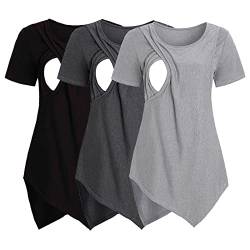 Damen Stillshirt Baumwolle Sommer Umstandsshirt Gestreifte Ärmel Schwangere Kurzarm Nursing T-Shirt Tops Umstandskleidung Stillshirts Umstandskleid Schwangerschaft Umstandsmode Umstandstop 3er Pack von Zshosam