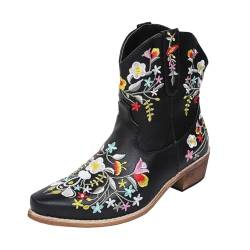 Stiefel Damen Schuhe Retro Cowboy Stiefeletten Damen Cowboystiefel mit Trichterabsatz Stickereien Damen Stiefelette Western Stiefel Damen Westernstiefel Halbhohe Stiefel Halbschaft Winterstiefel Damen von Zshosam