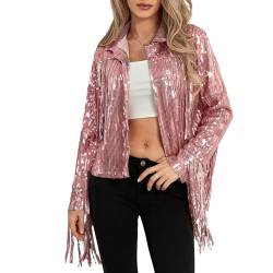 Zukmuk Damen Jacken Glitzer Pailletten Langarm Offene Vorne Jacken Mit Quasten Blazer Clubwear, Rosa, 50 von Zukmuk