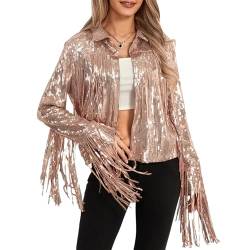 Zukmuk Damen Jacken Glitzer Pailletten Langarm Offene Vorne Jacken Mit Quasten Blazer Clubwear, roségold, S von Zukmuk