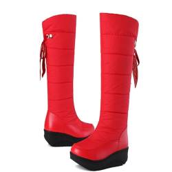 aixizi Kniehohe Schneestiefel zum Reinschlüpfen, hinten zum Schnüren, Flacher Absatz, Dicke Sohle, gerade Stiefel aus Lackleder, wasserdicht, stilvolle Winterstiefel wasserdichte,Rot,35 EU von aixizi