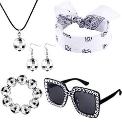 amangul 1 Set Damen-Haarreifen mit Disco-Ohrringen, Halskette, Armreif und Sonnenbrille, Halloween, Cosplay, Abschlussball, Partyzubehör für Damen von amangul