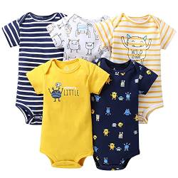amropi Baby Jungen 5er Pack Kurzarm Body Baumwolle Schlafanzug Sommer Babybody 3-6 Monate,Gelb/Marine/Weiß von amropi