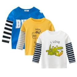 amropi Baby Jungen Gestreift T-Shirt 3er Pack Langarm Baumwolle Dinosaurier Tee Shirt Tops Blau Gelb Weiß,3-4 Jahre von amropi