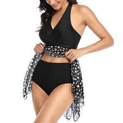 amropi Damen Badeanzug Bauchweg Tankini Set Badekleid Blumendruck Bademode Mit Slip Schwarz Punkt, L von amropi