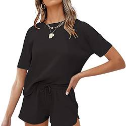 amropi Damen Stricken Schlafanzug Kurz Sommer Pyjama Set Top und Shorts Kurzarm Nachtwäsche Schwarz,M von amropi