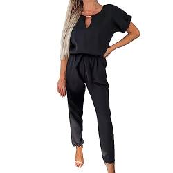 amropi Jumpsuit Damen Elegant Kurzarm Playsuit V-Ausschnitt Casual Lose Overalls Lang Romper Schwarz,XXL von amropi