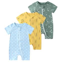 amropi Strampler Baby Jungen 3er-Pack Dinosaurier Druck Kurzarm Schlafstrampler Sommer Schlafanzug 1-2 Jahre, Stil01 von amropi