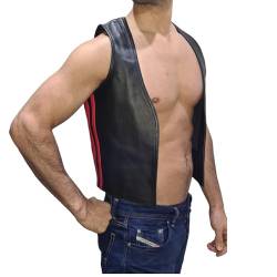 awanstar aw-682 Herren Muscle Weste schwarz mit streifen Rot schmaler Front,Männer Lederweste,Gay Lederweste,Biker weste (M, Schwarz mit streifen Rot) von awanstar