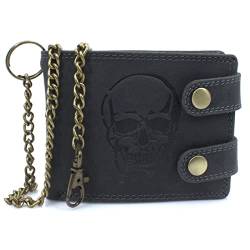 ayados Geldbörse Skull Motiv Herren Echt Leder Portemonnaie mit Hosenkette Geld-börse Portmonee Vintage Wallet Totenkopf (Skull Geldbörse mit Kette Schwarz :104(D/L)) von ayados