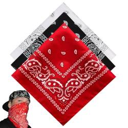 3 Stück, Bandana Damen Herren, Kopftuch, Halstuch Herren, Kopftücher Für Damen, Für Unisex Tuch Bindetuch, Headwear, Haar, Schal, Paisley Muster, Rot Schwarz Und Weiß (55 X 55 Cm) von beejune