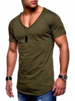 behype. Herren T-Shirt V-Ausschnitt Kurzarm Oversized Basic Male Tee aus Baumwolle Leichtes V-Neck Oberteil Khaki-M von behype.