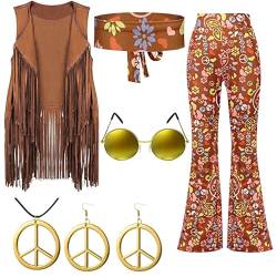 biJerou Karneval Kostüm Damen,Hippie Kostüm Damen,70er Jahre Outfit Hippie Kleidung Disco Outfits Fransenweste für Thema Party Faschingskostüme Set mit Accessoires Damen Hippie Weste von biJerou