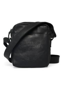 Mustang Unisex Messenger-Tasche aus Echtleder mit markanter Label-Prägung schwarz