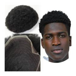 Haarersatzsystem für Männer #1 Tiefschwarzes Afro-Toupet for Männer, 8 x 10 Haarteile, Haarteil-Ersatz for Männer, 100% europäisches Echthaar-Spitzensystem Herrentoupet von birene