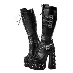 blingqeen Punk Stiefel Plateau Schnürstiefel für Damen Blockabsatz Gothic Boots Schwarz 39 EU von blingqueen