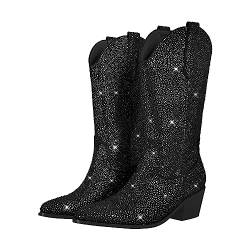 blingqueen Cowboy Stiefel Damen Glitzer Boots Western Absatz Schwarz 41 EU von blingqueen