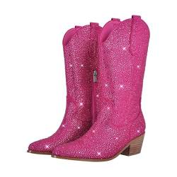 blingqueen Cowboy Stiefel Damen Glitzer Boots Westernstiefel Gestapelter Blockabsatz Pink 41 EU von blingqueen