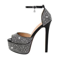 blingqueen Damen Peeptoe Sandalen Stiletto High Heels Plateau Glitzer Sandaletten Riemchensandalen mit Strass Schwarz 39 EU von blingqueen