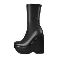 blingqueen Damen Stretch Stiefeletten Plateau Halbstiefel Keilstiefeletten Schwarz Lederoptik 40 EU von blingqueen