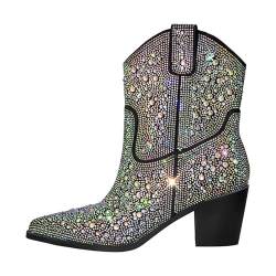 blingqueen Damen Western Stiefeletten Cowboy Ankle Boots Strass Glitzernde Kurze Stiefel Schwarz 46 EU von blingqueen