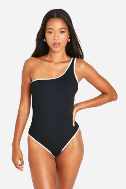 Einärmliger Gerippter Badeanzug Mit Kontrast-Detail - Black - 38, Black von boohoo