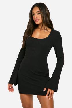 Geripptes Minikleid Mit Weiten Ärmeln - Black - 40, Black von boohoo