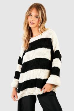 Gestreifter Oversize Pullover - Black - M/L, Black von boohoo