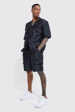 Kurzärmliges Utility-Hemd & Cargo-Shorts - Black - S, Black von boohoo