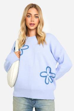 Oversize Pullover Mit Blumen-Detail - Dusty Blue - M, Dusty Blue von boohoo