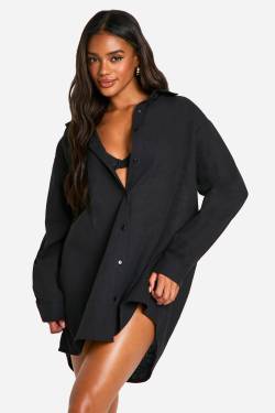 Oversize Strand-Hemd Aus Leinen - Black - L, Black von boohoo