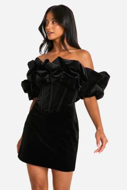 Petite Samt-Minikleid Mit Extremen Rüschen - Black - 38, Black von boohoo